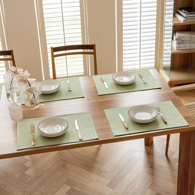 Demetex Green Placemat Set of 4 Washable Linen Textured Place Mats - Image 6