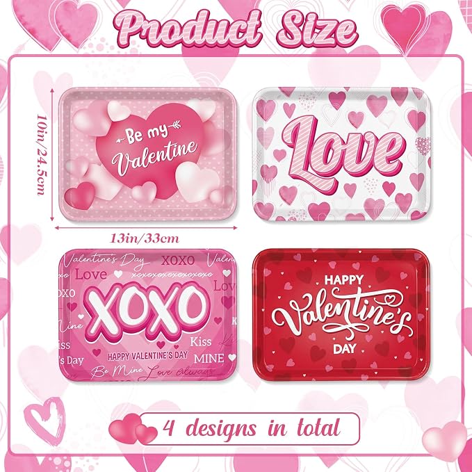 Vesici 4 Pack Valentine's Day Melamine Serving Trays, 13x10 Large Rectangular - Image 2