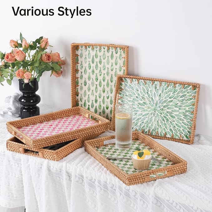 Rectangle Rattan Tray with Mother of Pearl Inlay, Rattan Serving Tray with - Image 3