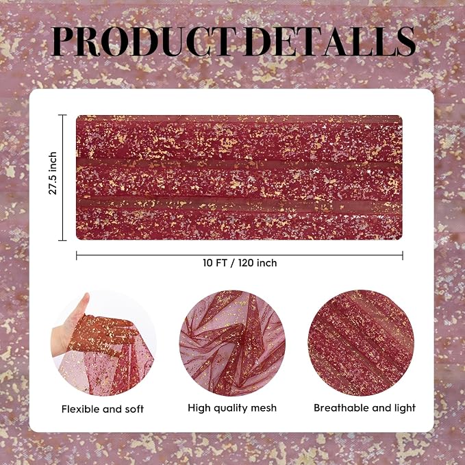Artoid Mode 3PC Burgundy Gold Gauze Table Runner 120 Inch 10FT, Glitter - Image 8