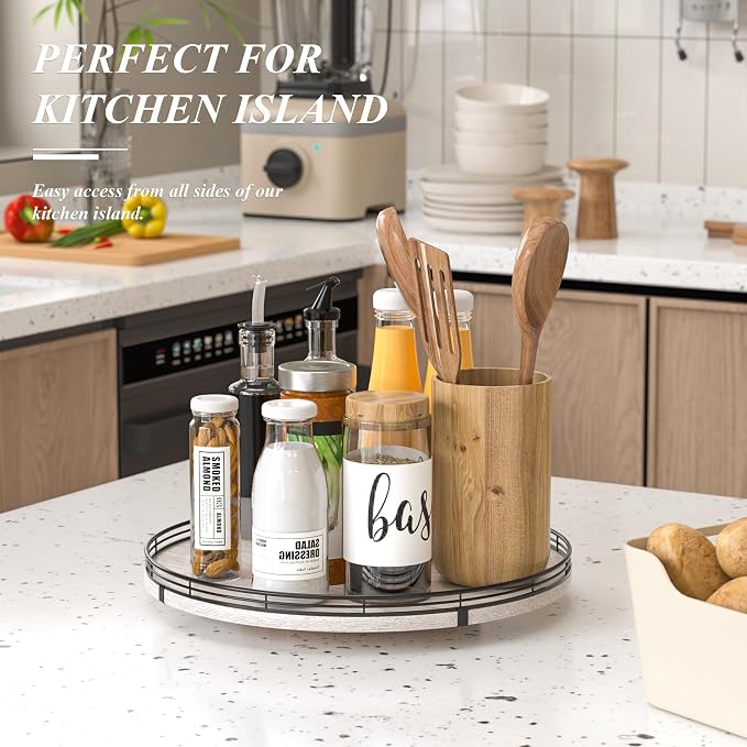 AMH 16-Inch Whitewashed Farmhouse Oak Lazy Susan Organizer | Smooth rotating - Image 2