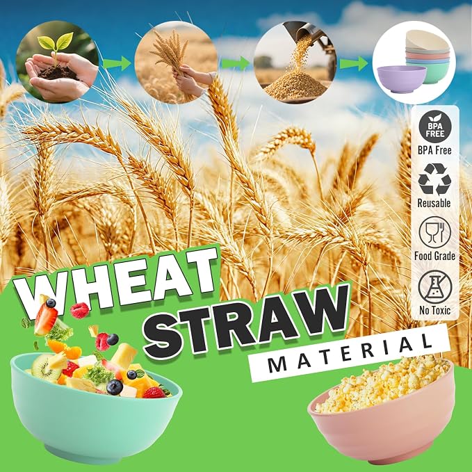 Large Serving Bowls Set of 6, 60 OZ Wheat Straw Bowls Unbreakable, Microwave - Image 4