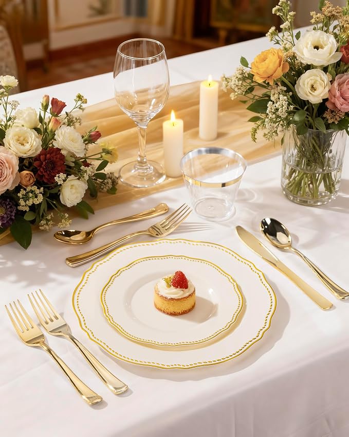 60 Pcs Ivory Gold Dessert Plates - Image 3