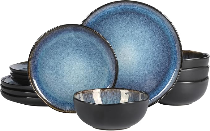 Gibson Elite Nardini 12 Piece Plates and Bowls Reactive Glaze Dishes Stoneware by GibsonHomewares