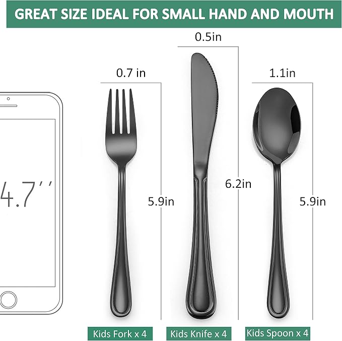 LIANYU 12-Piece Black Kids Silverware Set, Stainless Steel Toddler Utensils - Image 7