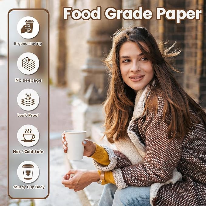 MOUMOULIFE Disposable Paper Coffee Cups 12 oz 300 Count Bulk, Leak-Proof White - Image 6