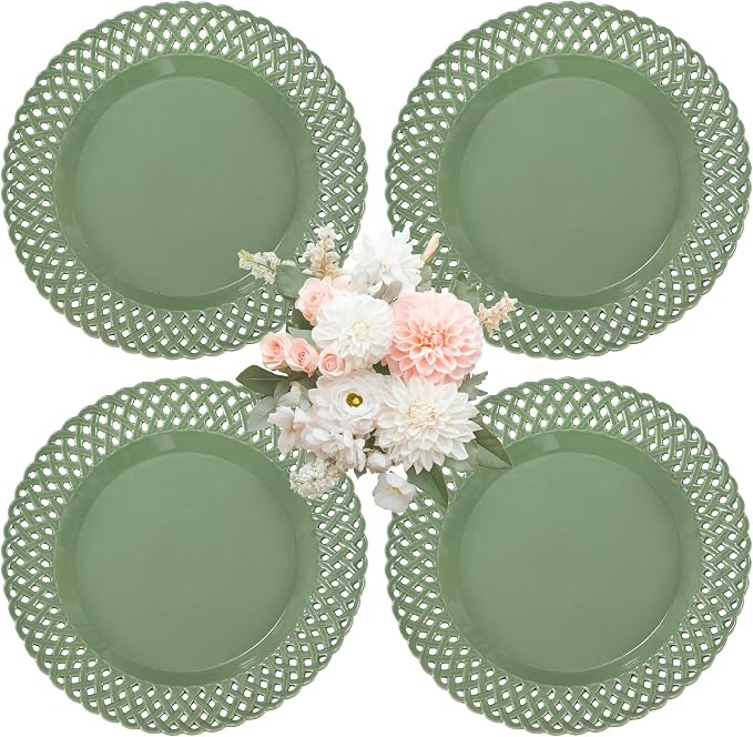 Graceful Basketweave Wide Rim 12 inch Dinner Plates, Extra Large Round Platter - Image 8