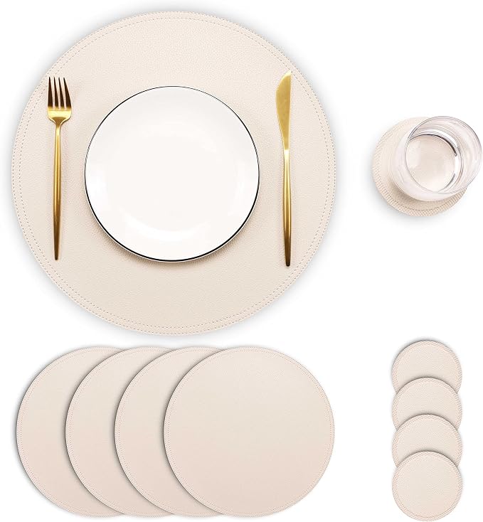 Set of 4 Faux Leather Round Placemats and Coasters, Coffee Mats Kitchen Table by JOVONO