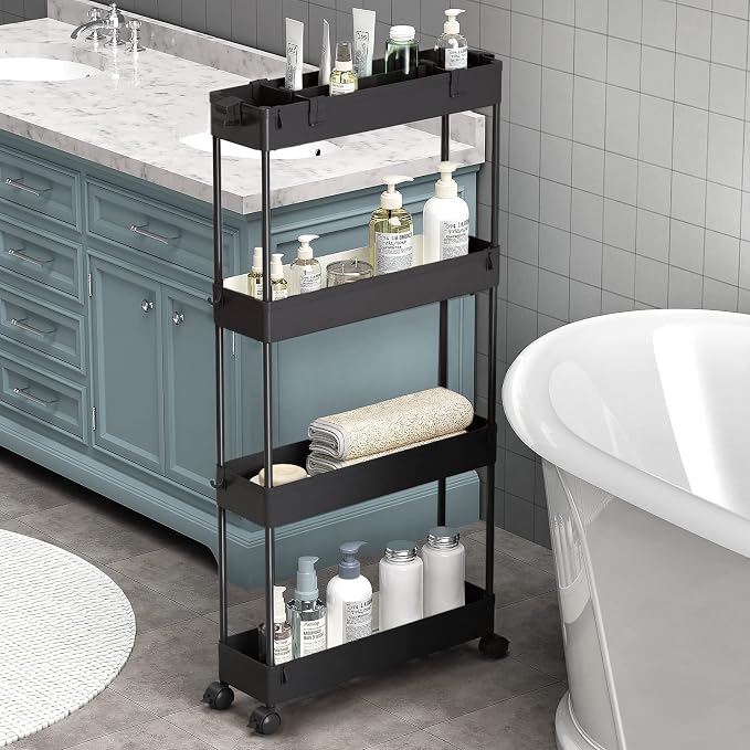 Slim Storage Cart 4 Tier, Bathroom Organizer Rolling Utility, Mobile Shelving by Home