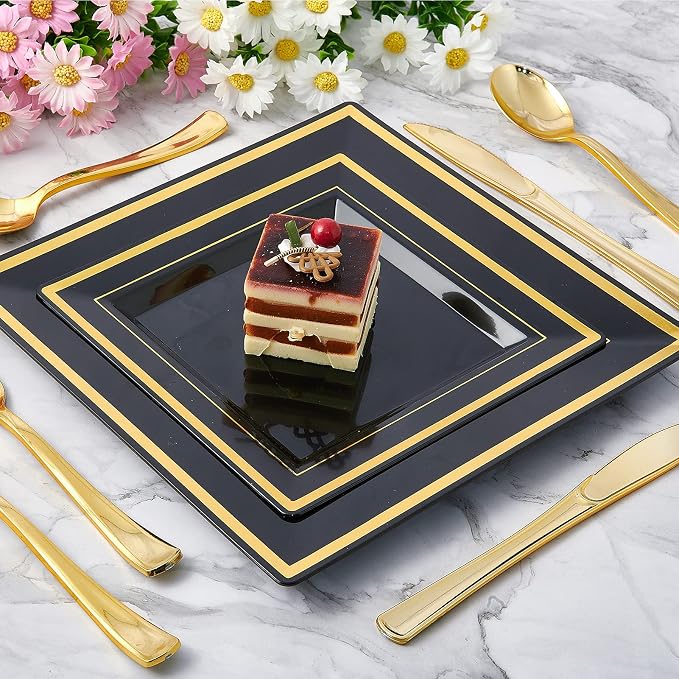 25 Guests Plastic Plates Set Gold Disposable Dinnerware Set | Include 25 Pc 10" - Image 5
