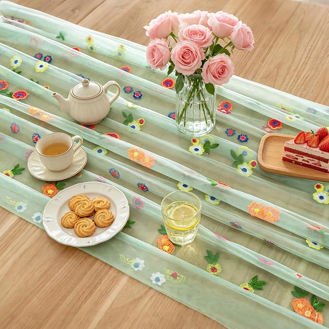BINBE 3pcs Daisy Spring Table Runner Embroidery Gauze 10FT Florals Seasonal - Image 6