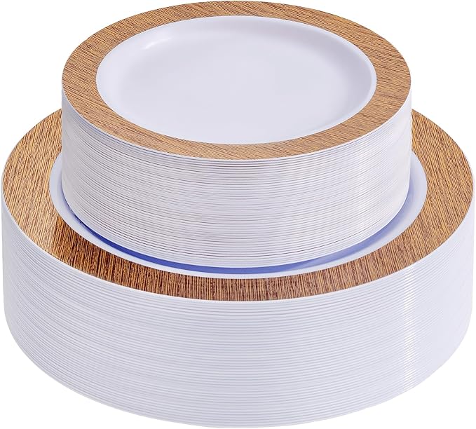 102 Pcs Wood Grain Brown Plastic Plates, Elegant Wood Grain Design by I00000