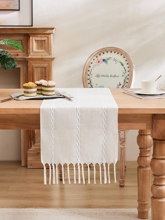 Braided Farmhouse Table Runner, Braided Beige 13x108 Inch, Cotton Linen Table - Image 2