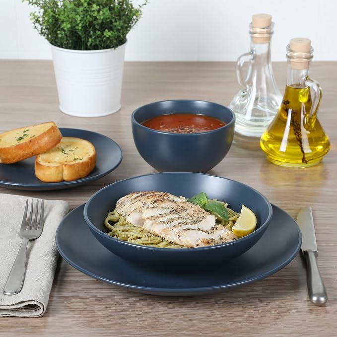 Gibson Home Queenslane 16-Piece Matte Blue Stoneware Dinnerware Set – Double - Image 3