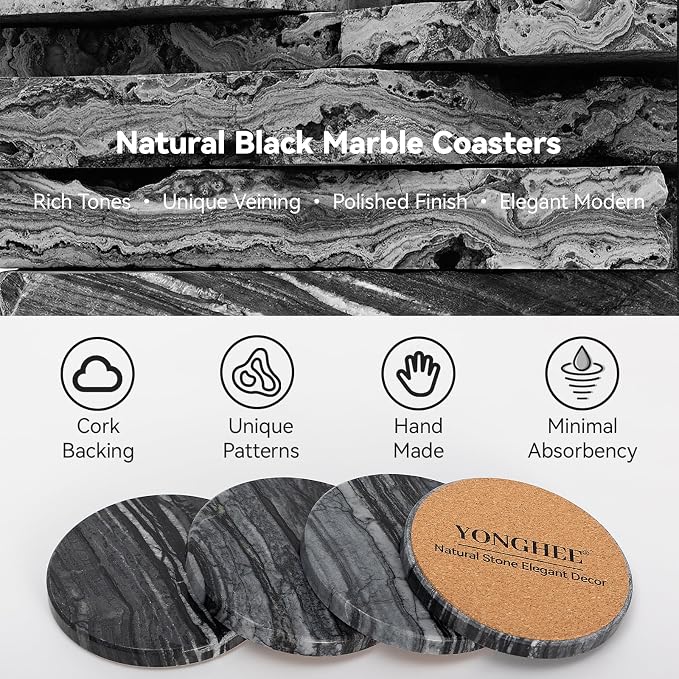 Black Marble Coasters Set of 4, Elegant Black & Dark Gray Coasters - Image 3