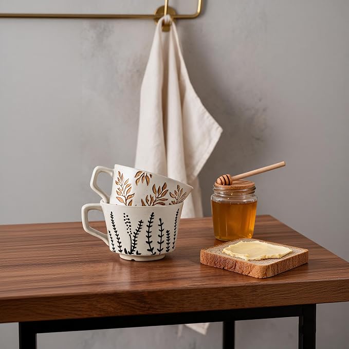 4 Pack 12oz Embossed Leaf Ceramic Coffee Mugs, Vintage Speckled Stoneware Tea - Image 4