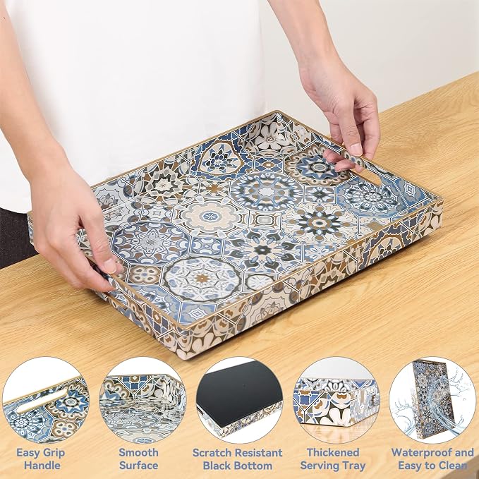 AGIOTA 2 Pcs Serving Tray with Handles Bohemian Decorative Tray Large Ottoman - Image 3