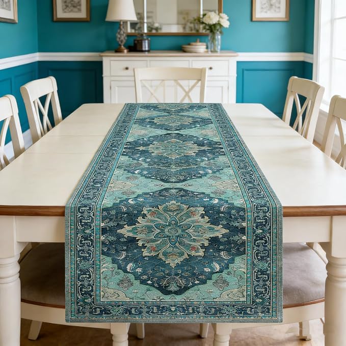 OYIMUA Boho Floral Pattern Summer Table Runner 36 Inches Long Teal and Blue - Image 2