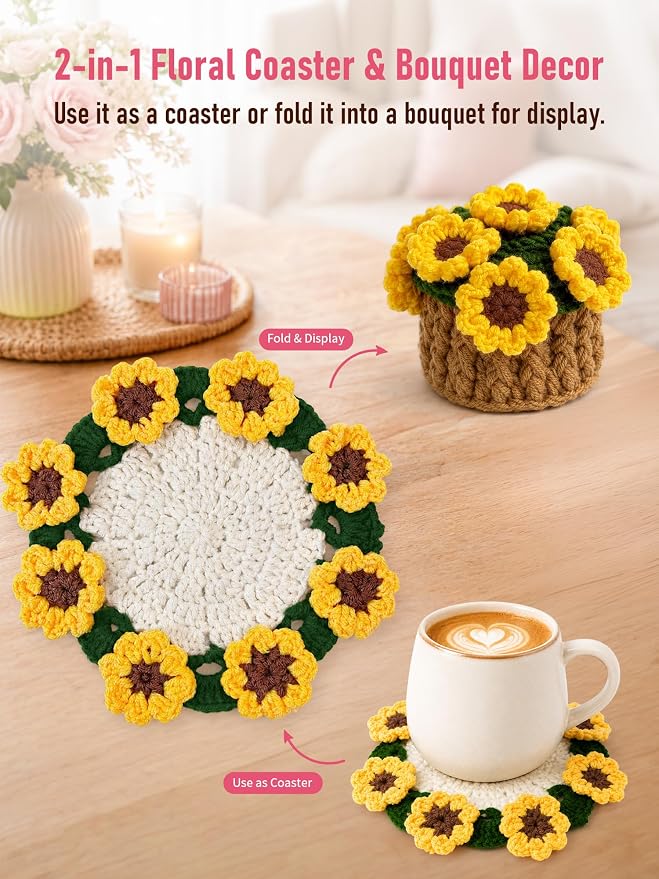 Crochet Flower Bouquet Coasters, Cotton Sunflower Gifts - Image 6