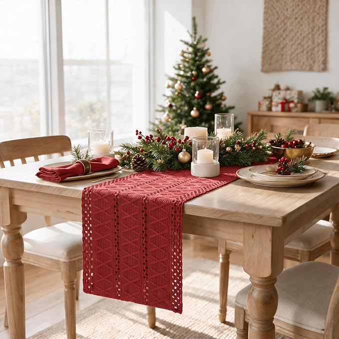 Artoid Mode Rose Red Woven Farmhouse Hollow Table Runner 12x90 Inch | Holiday - Image 6