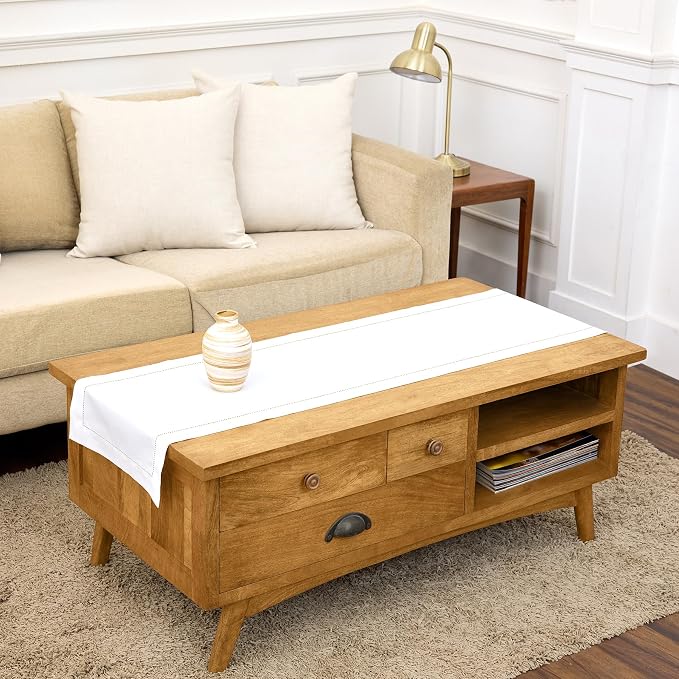 Solino Home 100% Pure Linen Dining Table Runner White Hemstitch, 14 x 48 in | by SolinoHome