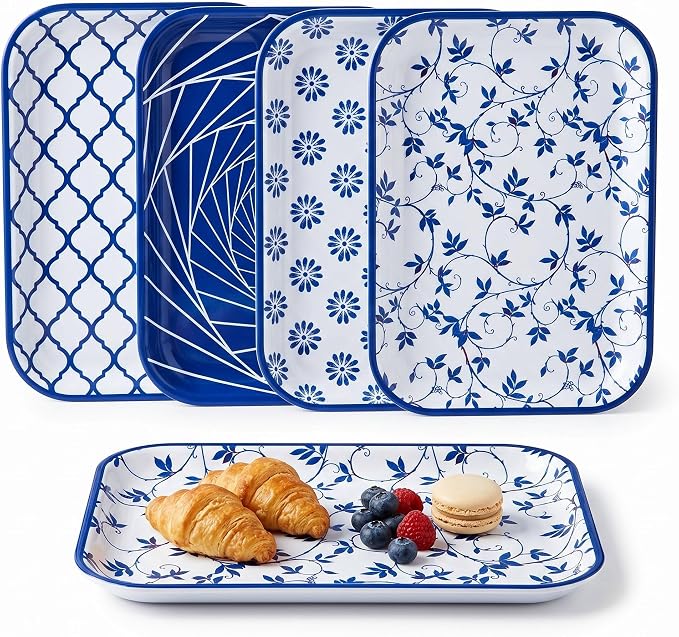 Vesici 4 Pack Blue and White Melamine Serving Trays, 13 x 10 Inch Rectangular by Vesici