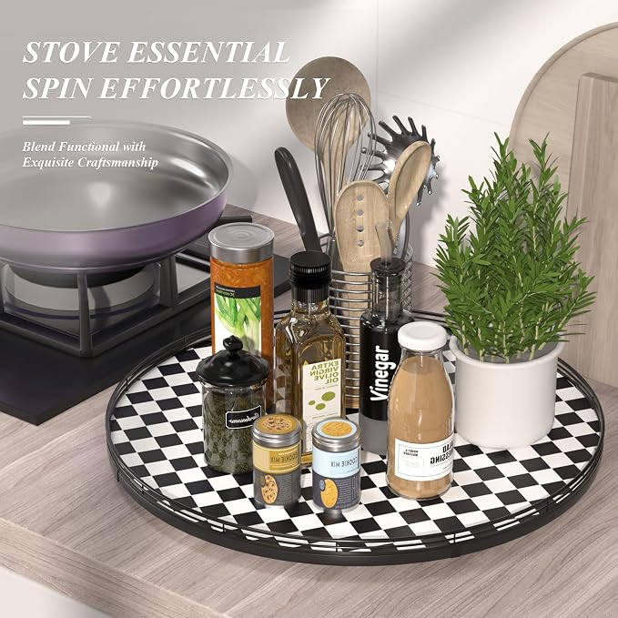 AMH 24-Inch Black and White Checkerboard Lazy Susan Decorative Tray | Smooth - Image 5