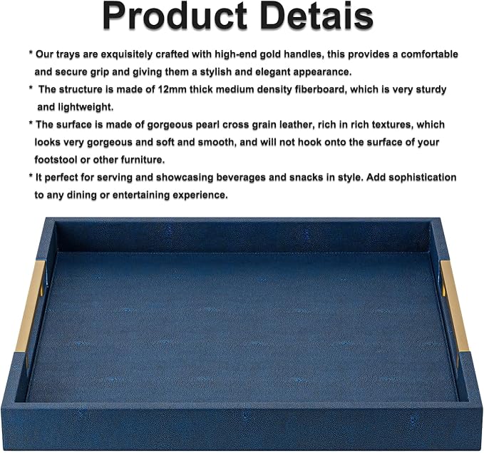 Navy Blue Faux Leather Large Square Decorative Serving Tray - Image 6
