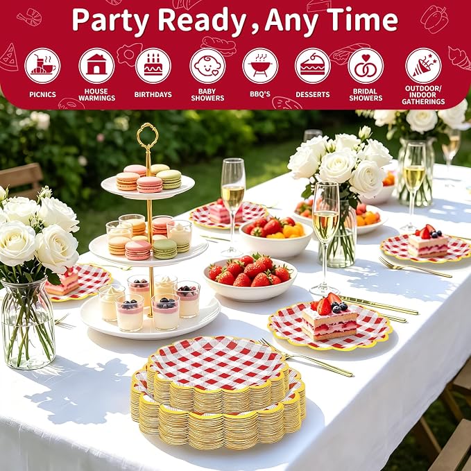 50 Pcs Red Gingham Paper Plates Disposable, Dessert Cake Plates, - Image 3