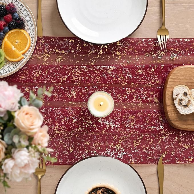 Artoid Mode 6PC Burgundy Gold Gauze Table Runner 120 Inch 10FT, Glitter - Image 3