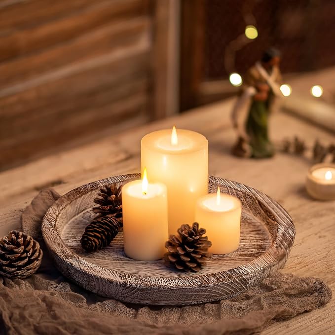 Hanobe Round Wood Candle Holder Tray, Rustic Coffee Table Centerpiece Decor | - Image 5