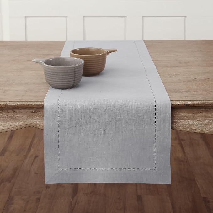 Solino Home 100% Pure Linen Table Runner Grey, Classic Hemstitch 14 x 72 in | by SolinoHome