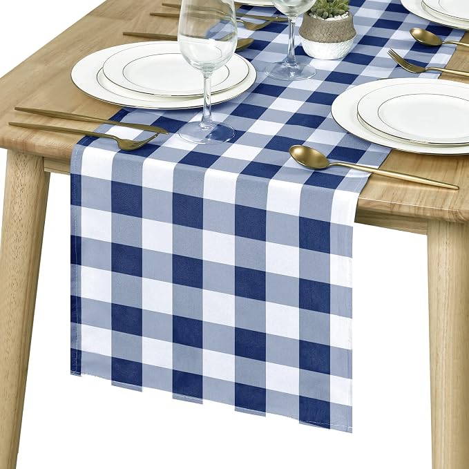 Buffalo Plaid Table Runner Navy Blue and White 14W x 108L, 1 Piece | Waterproof by Hiasan
