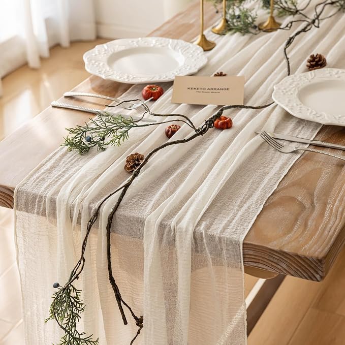 3Pcs White Cheesecloth Table Runner 120 Inches by KEKETOARRANGE