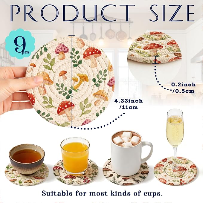 Cotton Woven Coaster Set of 9, 4.3In Fabric Coasters - Image 2