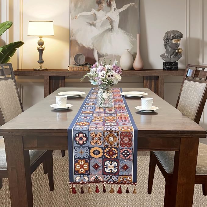 Floral Table Runner with Tassel Edges, Cotton Blend Decorative Runner - Image 3