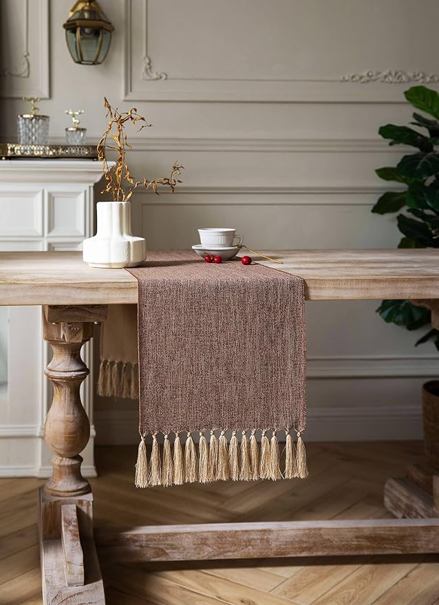 Brown Table Runners 108 Inches Long, Burlap Linen Style Rustic Farmhouse Table - Image 3