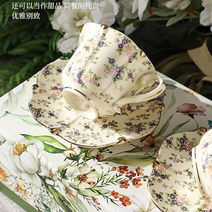 TATSUMI Country Roses Bone China Tea Cup and Saucer Set, 3 Pieces, Vintage Style - Image 6