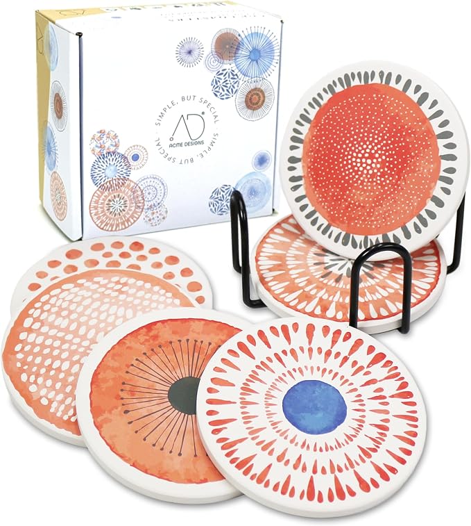 AD Set of 6 Coasters for Drinks Absorbing Round Ceramic Stone Coaster by AD