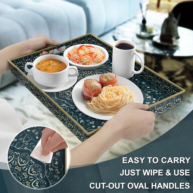 Plastic Serving Tray with Handles, Rectangle Boho Tray, Dark Green | Coffee - Image 3