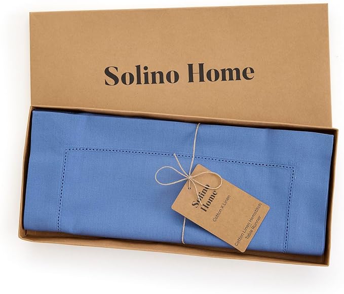 Solino Home Cotton Linen Table Runner Blue, Hemstitch Collection 14 x 72 in | - Image 4