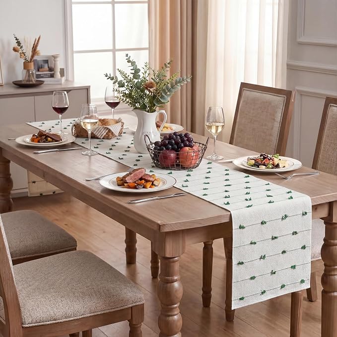 Artoid Mode Dark Green Boho Farmhouse Cotton Woven Table Runner, Seasonal - Image 4