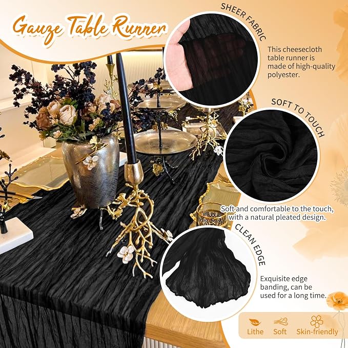 Showgeous 18 Pack Black Cheesecloth Table Runner, 17 x 108 Inches | Boho - Image 3