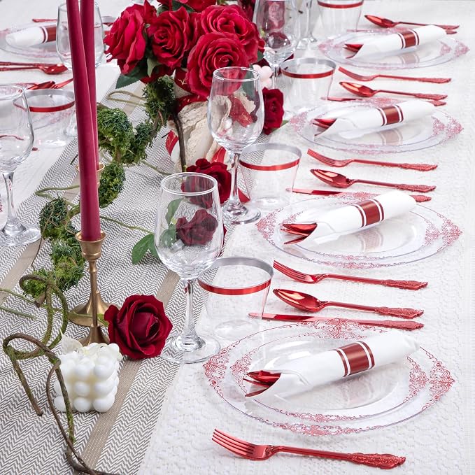 350 Pcs Clear Red Plates for Party | Red Party Plates Set for 50 Guests - Image 6