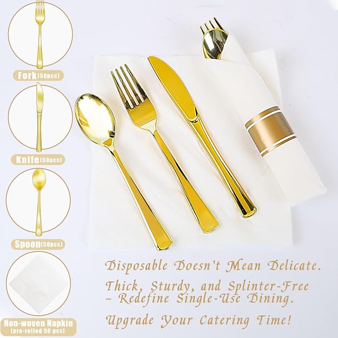 Zcaukya 350 PCS Gold Plastic Dinnerware Set - Image 4