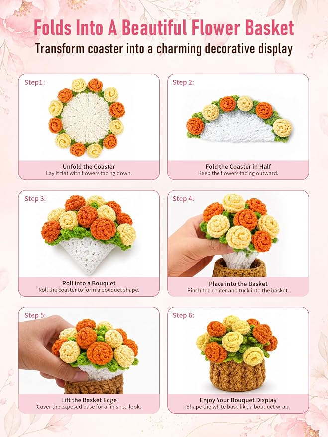 Crochet Flower Bouquet Coasters, Cotton Rose Gifts - Image 3