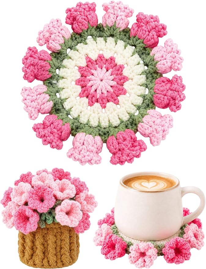 Crochet Flower Bouquet Coasters, Cotton Tulip Gift by KQJS
