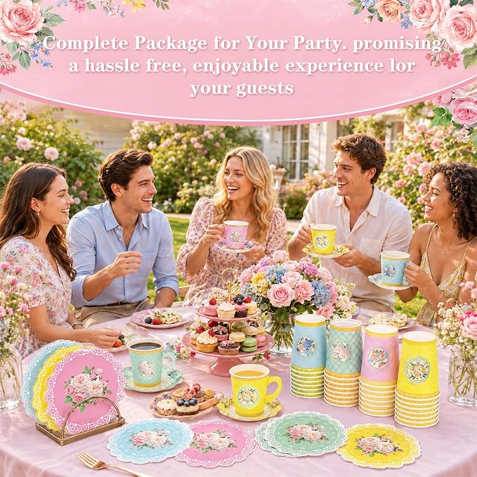 Tea Party Decorations Set, Vintage Floral, 24 Guests, Disposable | Supplies - Image 5