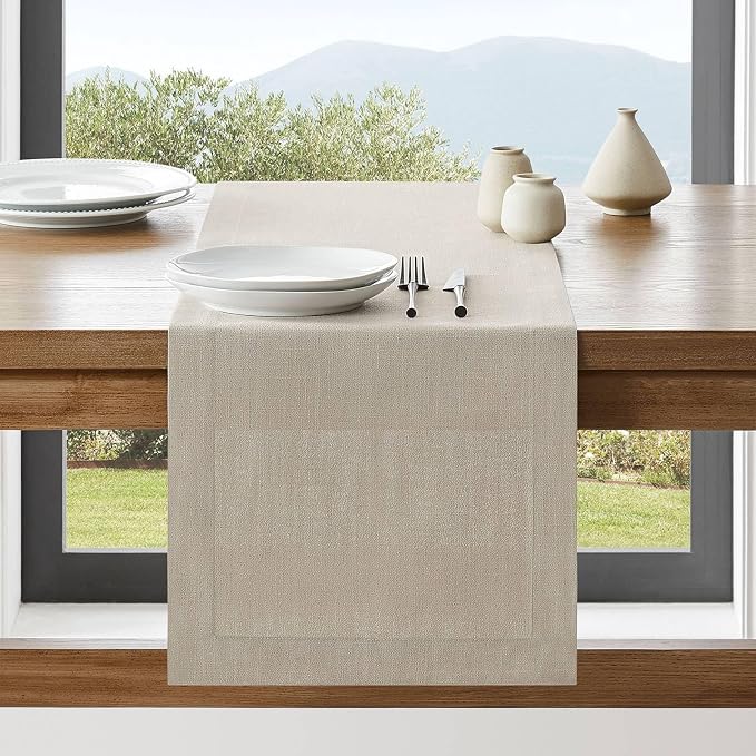 Linen Textured Border Table Runner, 14 x 48 Inch Natural | Mitered Corner Design by ZEEMARTONLINE