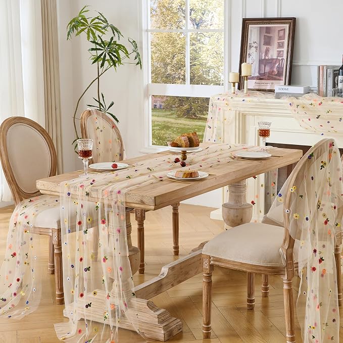 BINBE 6pcs Champagne Daisy Spring Table Runner Embroidery Gauze 10FT Florals - Image 6